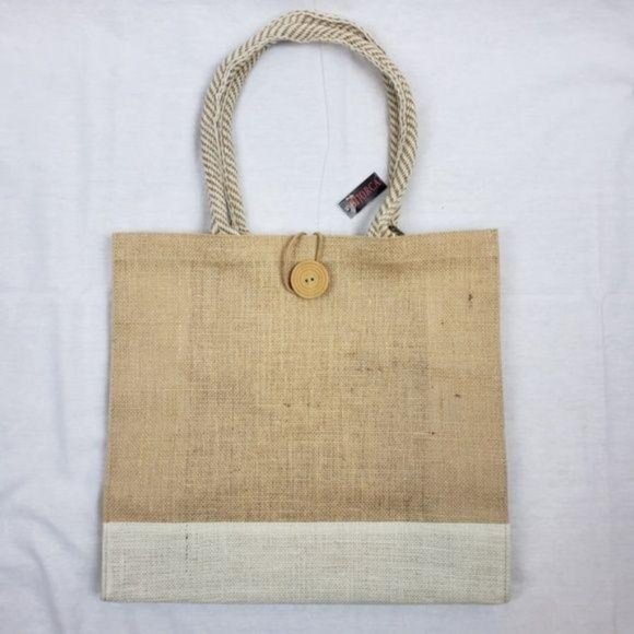 Woven Chic Beige Beach Canvas Tote Bag Rope Handle Shopping Purse Tote NWT - Picture 2 of 5